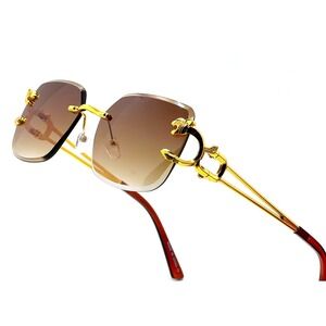 Brown Lens Gold Sunglasses Men Women Classy Sophisticated‎ Metal Rimless Hip Hop